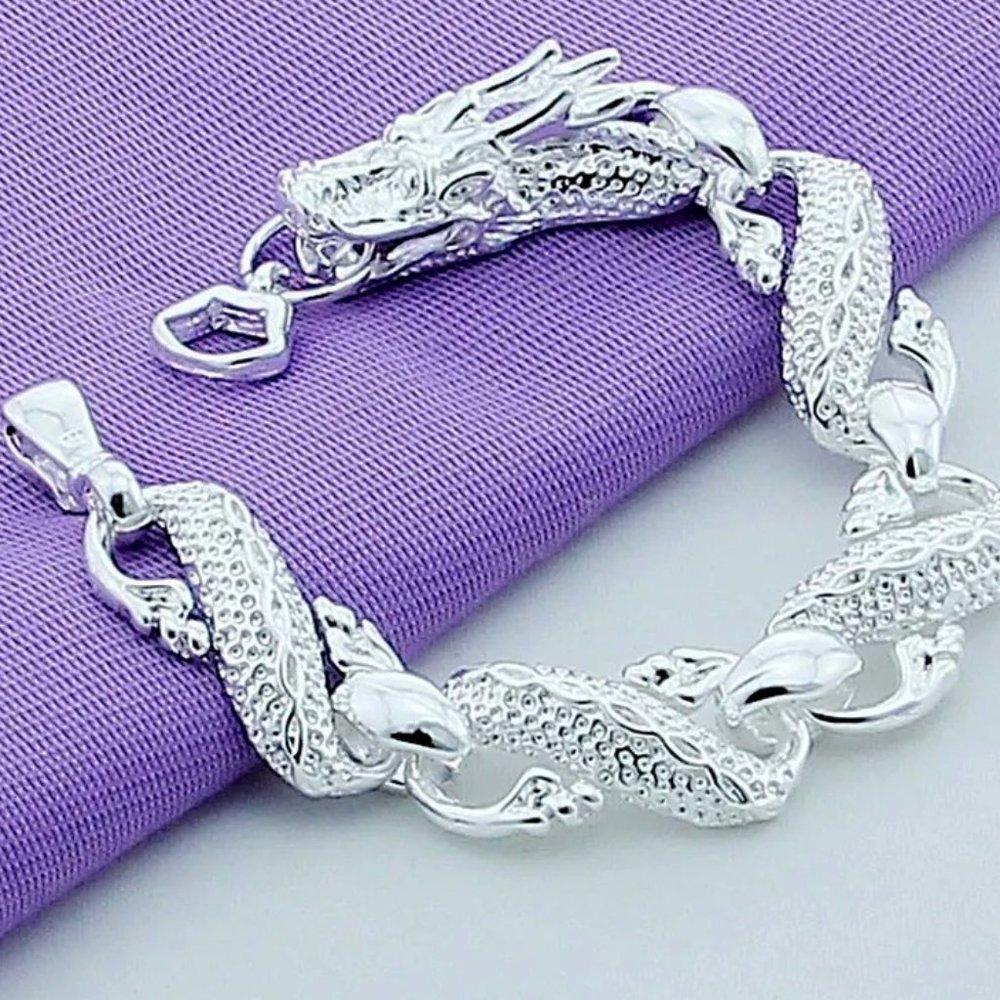 Stunning Full Big Dragon 8" Sterling Silver Stamped Bracelet